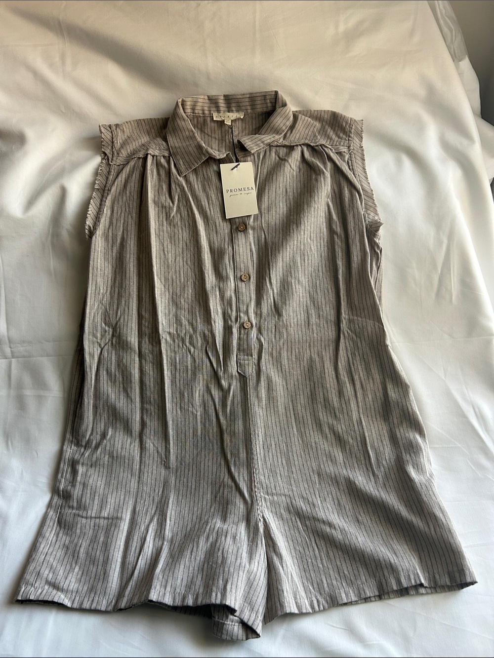 Promesa Taupe Pinstripe Sleeveless Button Romper